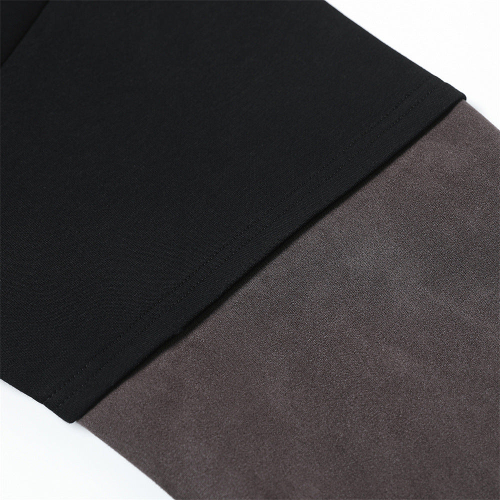Close-up of modern men's hoodie fabric, black cotton top and gray suede bottom, clothbros