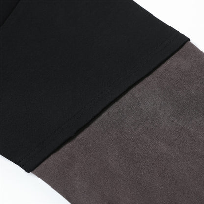 Close-up of modern men's hoodie fabric, black cotton top and gray suede bottom, clothbros
