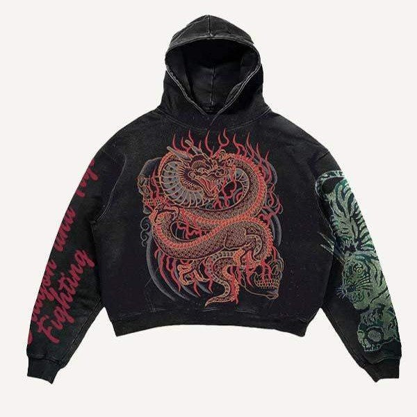 Black men's hoodie with red dragon graphic and green tiger sleeve by clothbros
