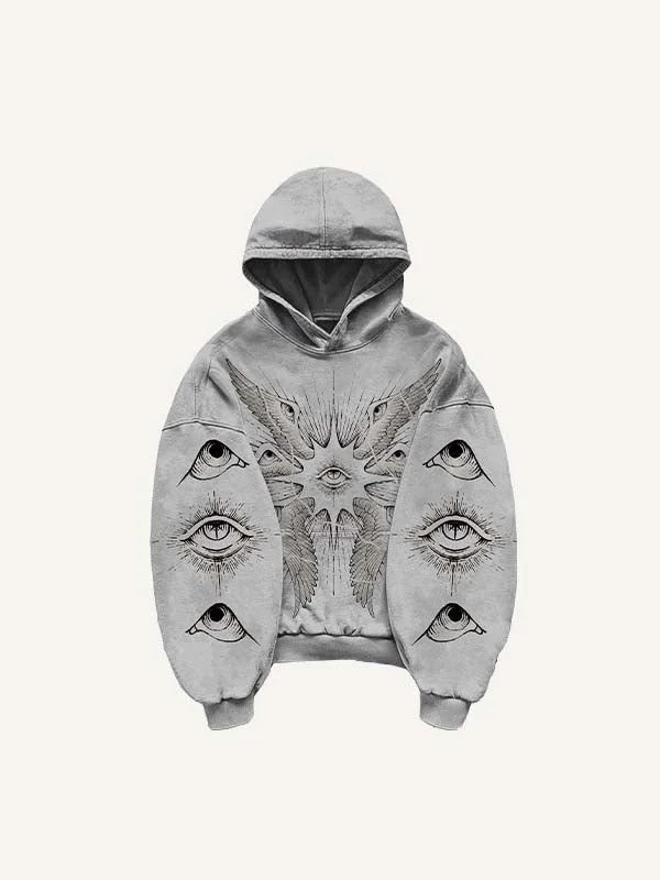 Modern men's gray hoodie with eye and wing graphic, stylish streetwear from clothbros