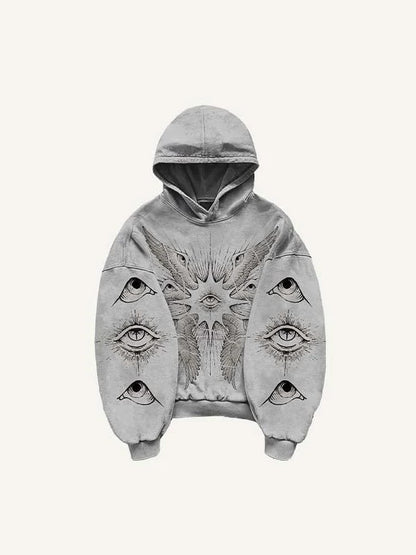 Modern men's gray hoodie with eye and wing graphic, stylish streetwear from clothbros