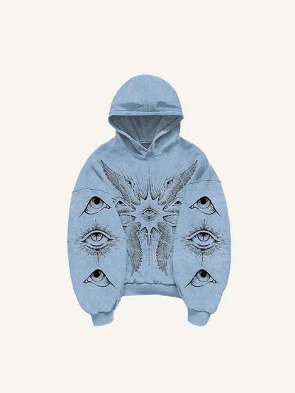 Light blue men's hoodie with eye and wing graphic, modern streetwear by clothbros