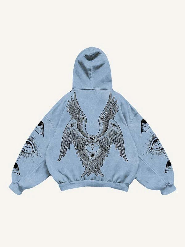 Light blue men's hoodie with intricate winged eye graphic and artistic eye designs on sleeves