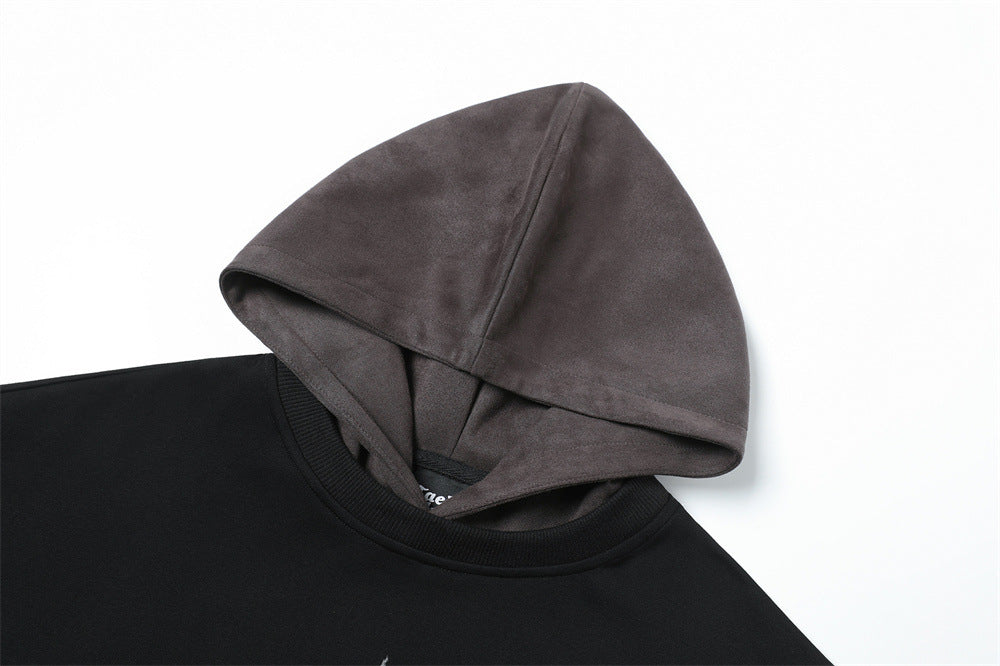 Modern men's black hoodie with grey hood, clean lines, clothbros style, laid on white background