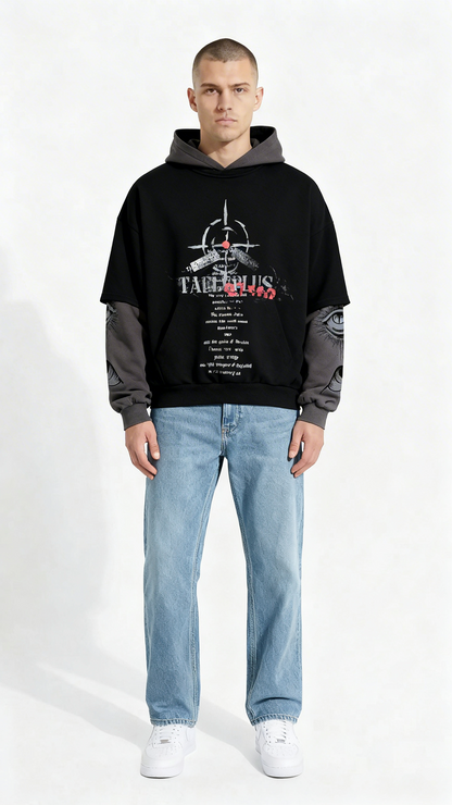 Men’s Patchwork False Two‑Piece Pullover Hoodie – Streetwear Style